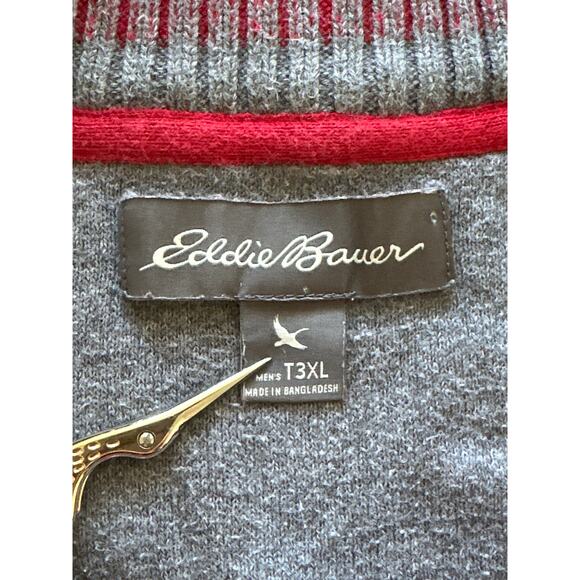 VTG Eddie Bauer Cream Grey 1/4 Zip Mock Neck Stripe Sweater T3XL Classic Preppy - Picture 11 of 16